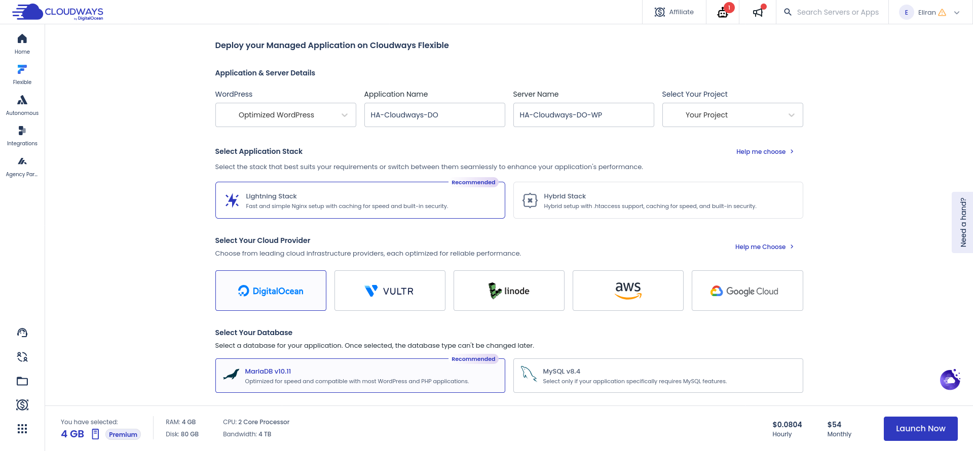 screenshot of the Cloudways services customization