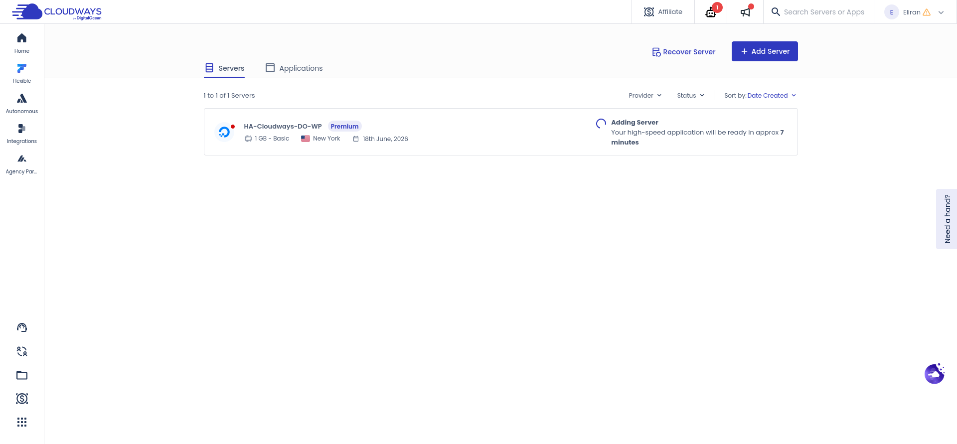 screenshot of the Servers panel