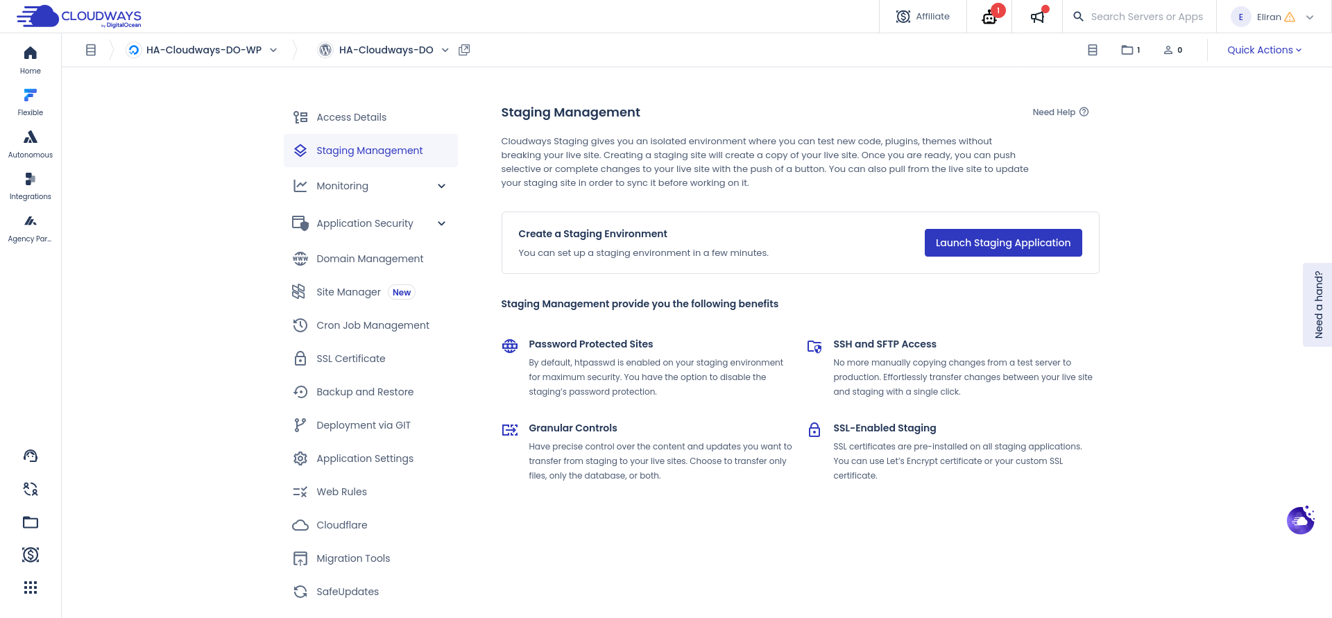 screenshot of the Staging Management
