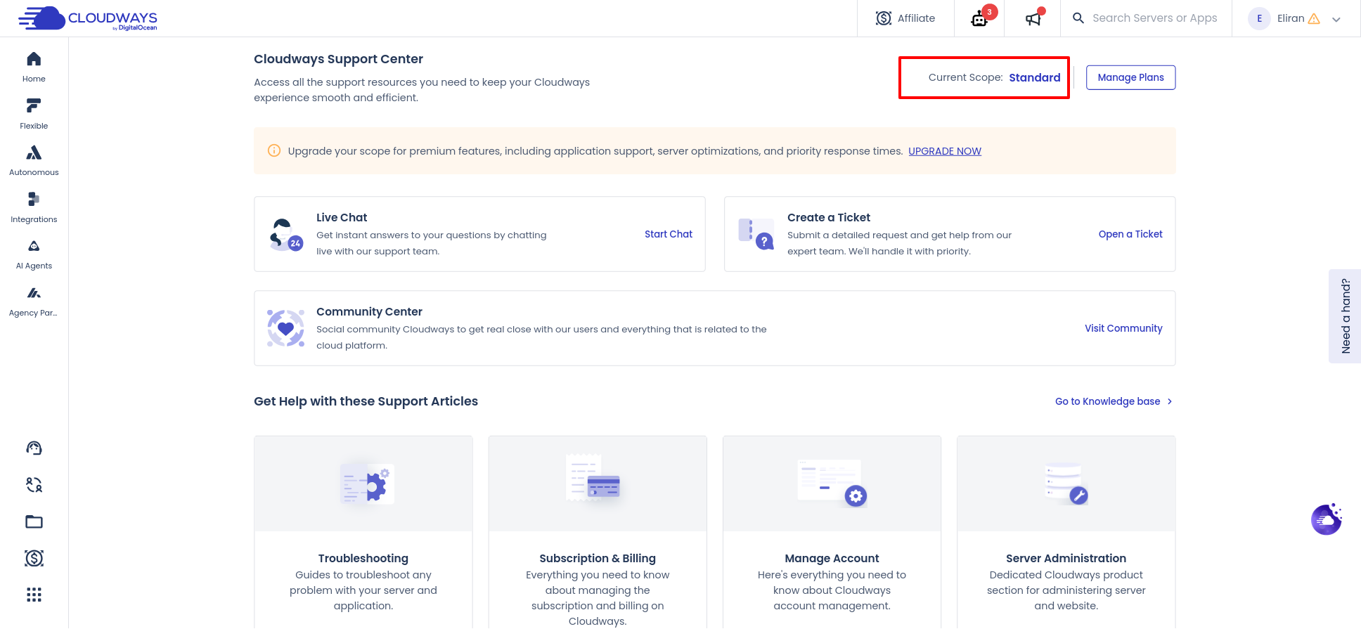 screenshot of the Cloudways Support page