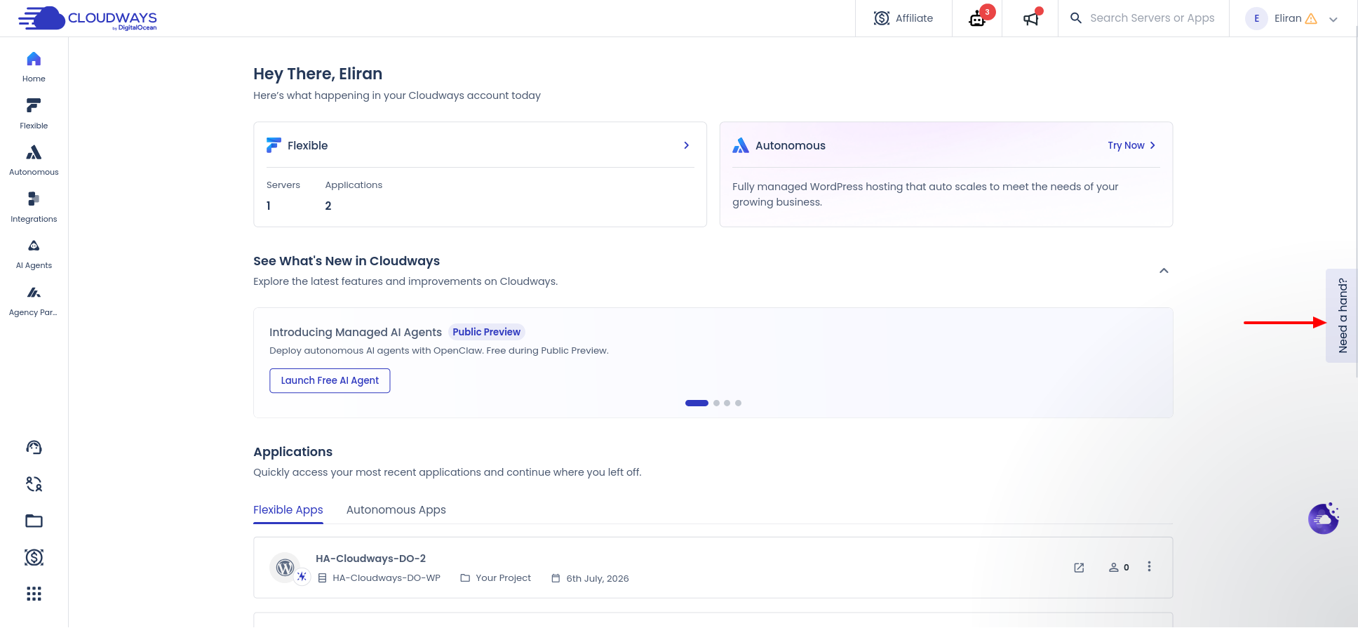 screenshot of the 'Need a Hand?' button on the right side of dashboard