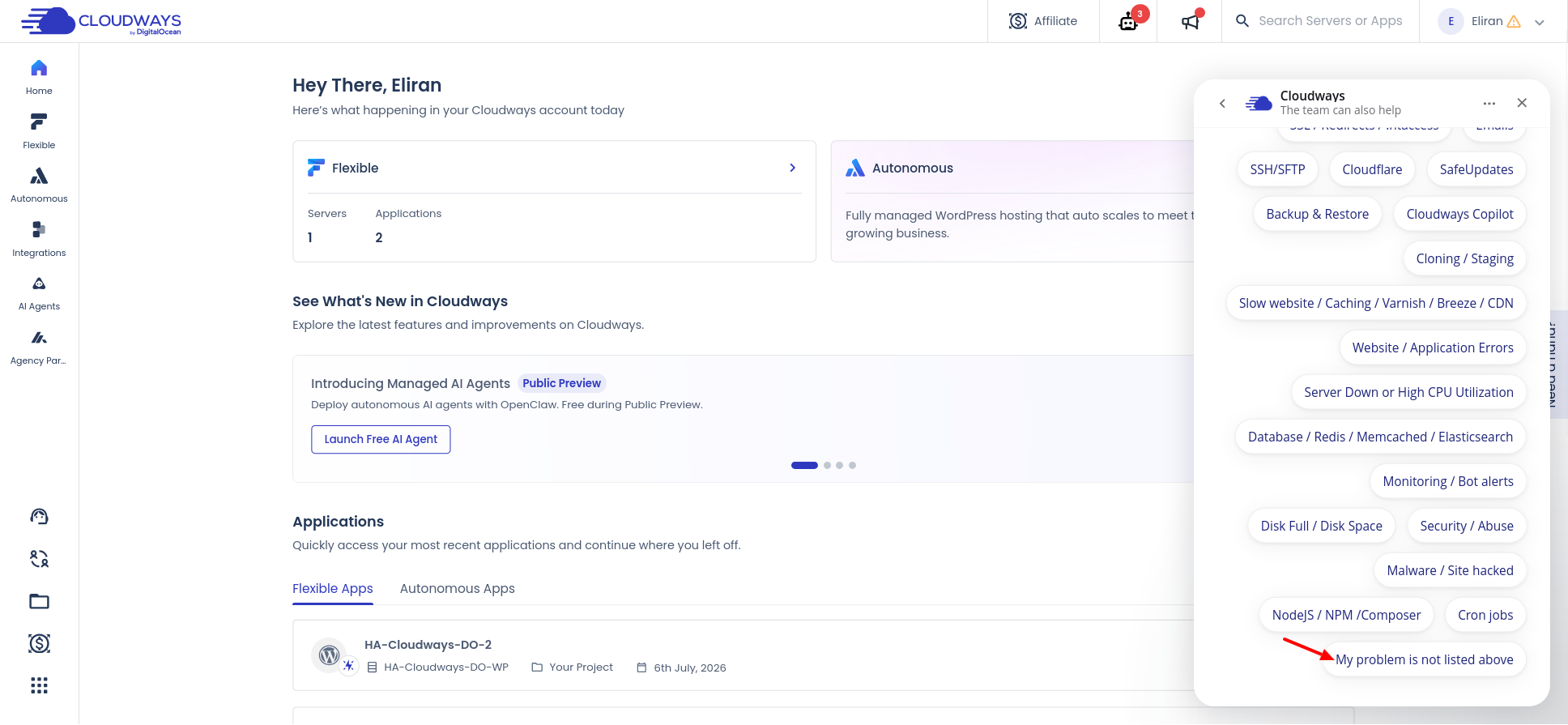 screenshot of the Live chat Technical support types