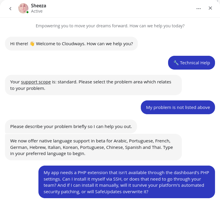 screenshot of the Live chat conversation