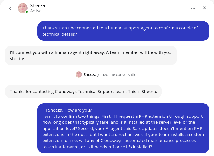 screenshot of the Live chat conversation