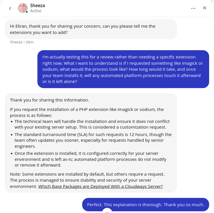 screenshot of the Live chat conversation
