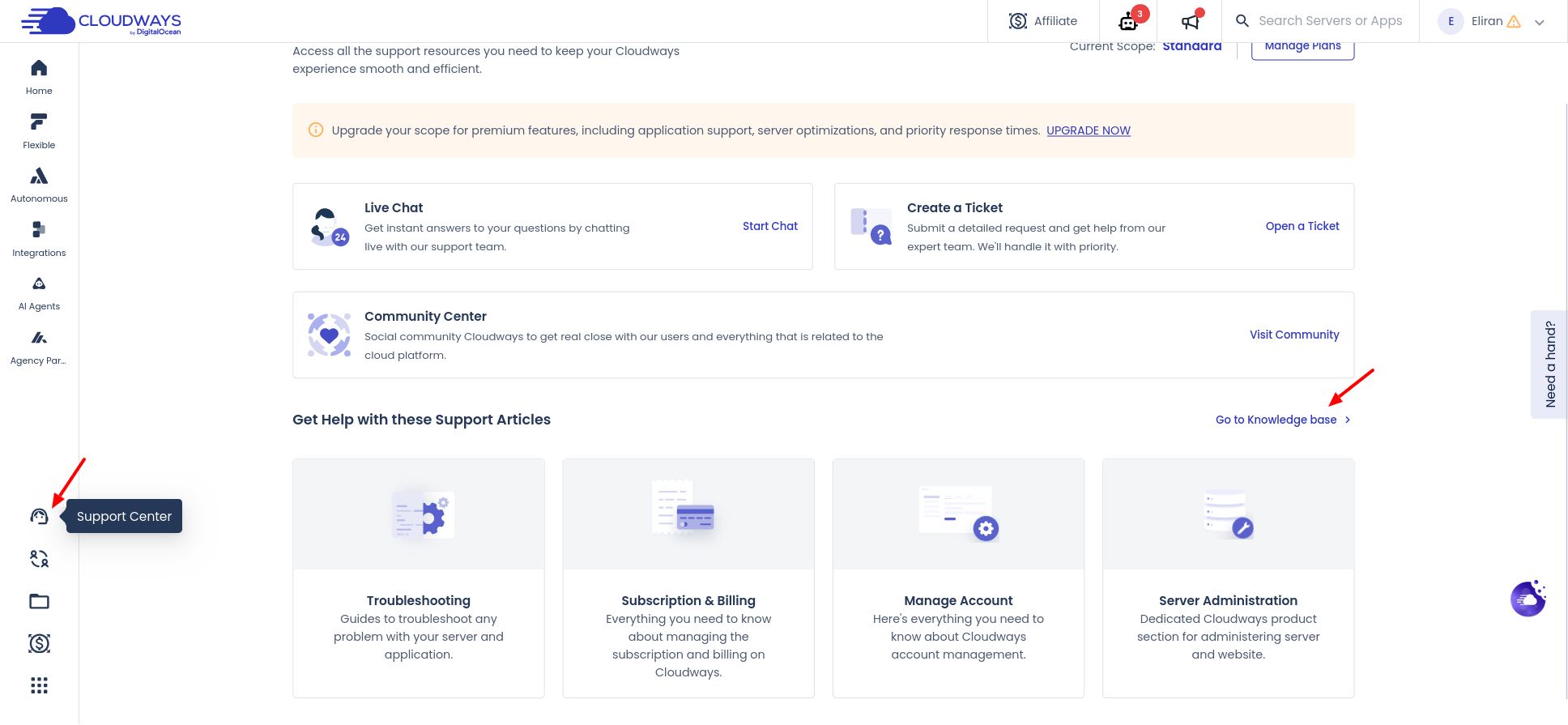 screenshot of the Support Center button