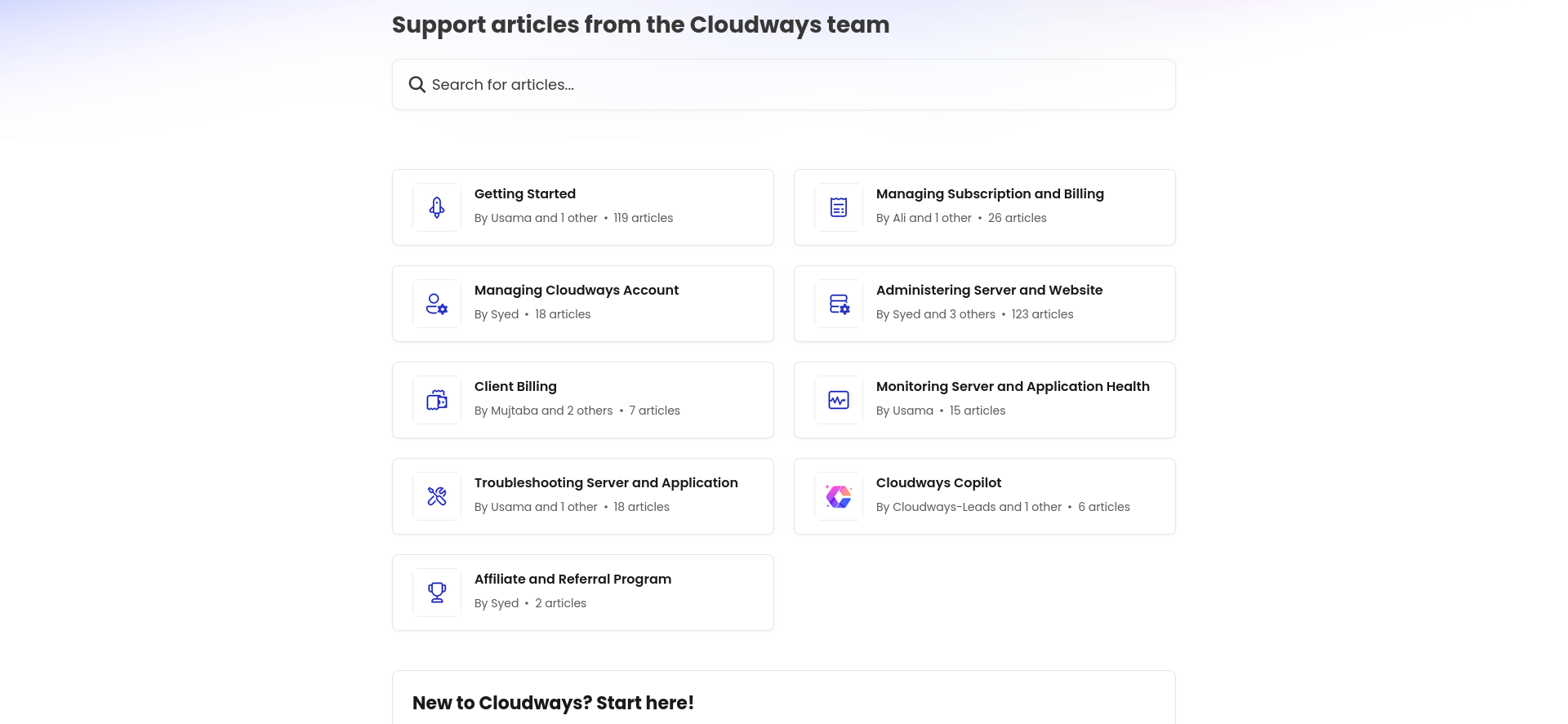 screenshot of the Support Articles