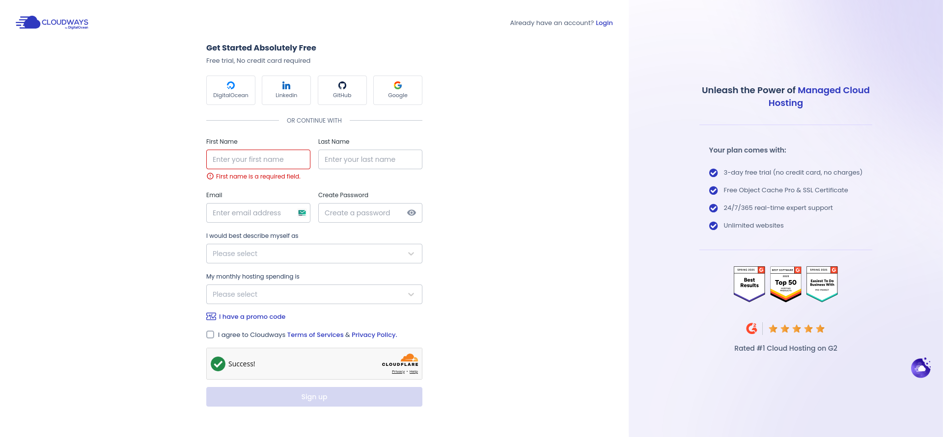 screenshot of the sign up form