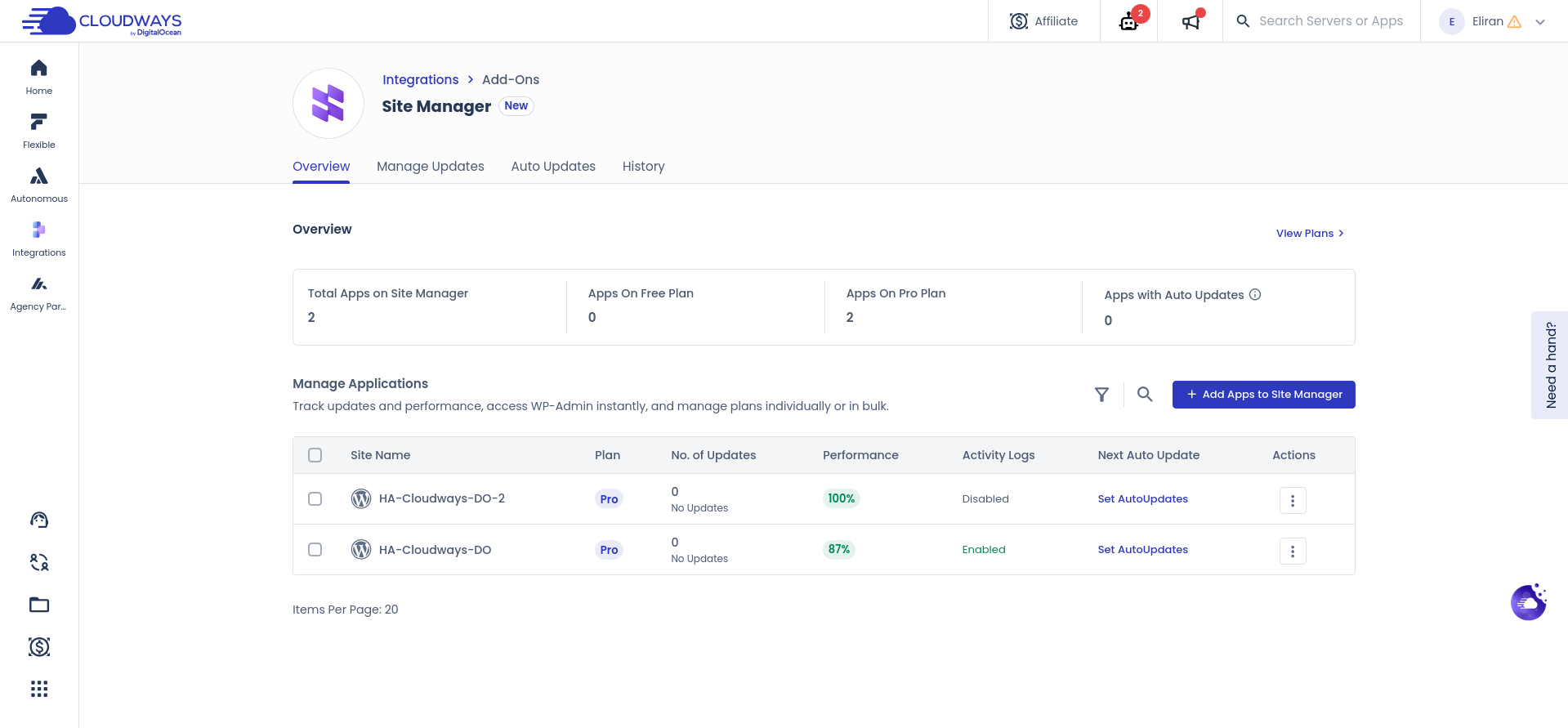 Cloudways Site Manager native dashboard for Cloudways-hosted applications