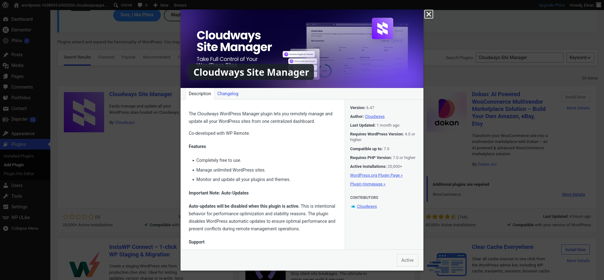 Cloudways Site Manager WordPress plugin listing for external site monitoring