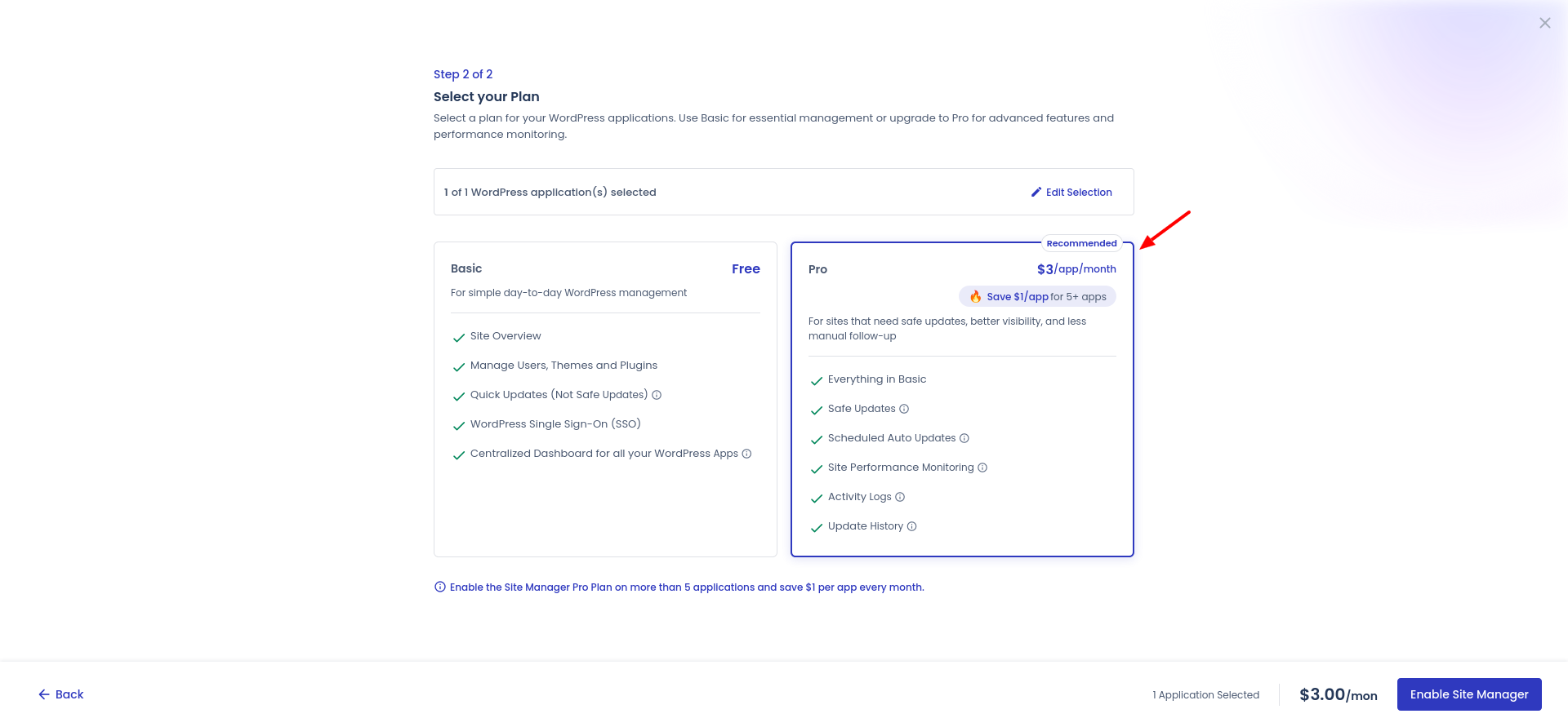 Cloudways Site Manager plan selection screen for bulk app enrollment