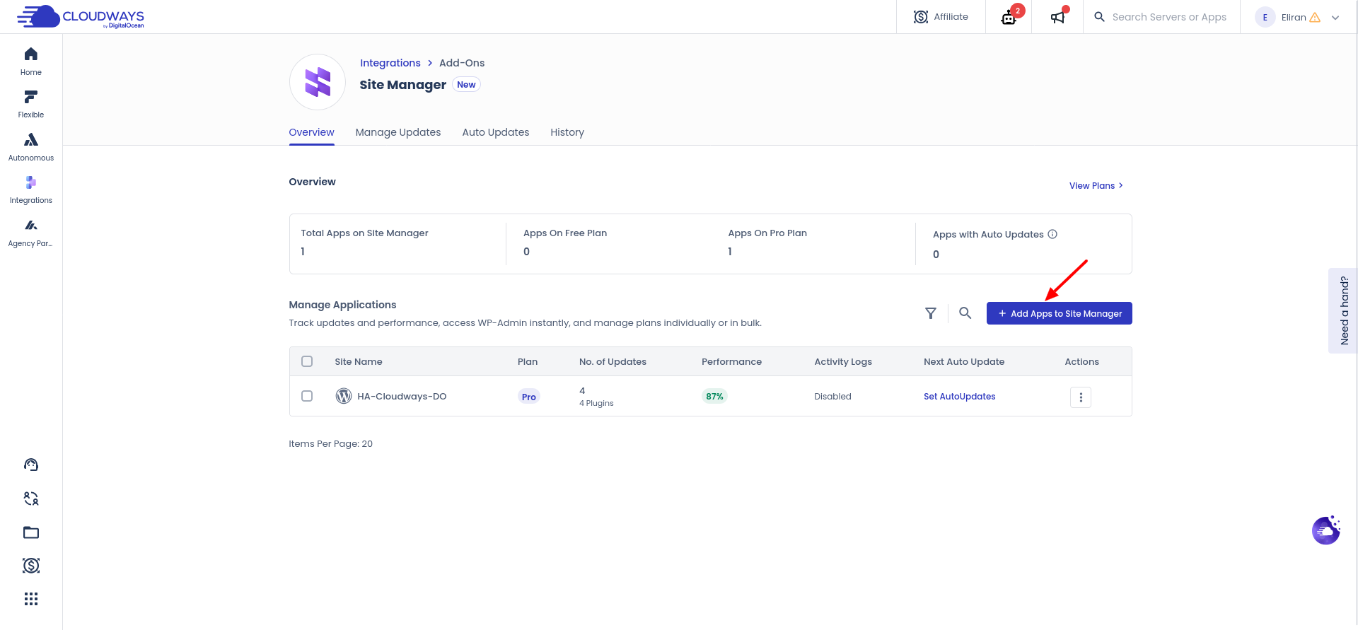 Cloudways Site Manager dashboard showing total apps count