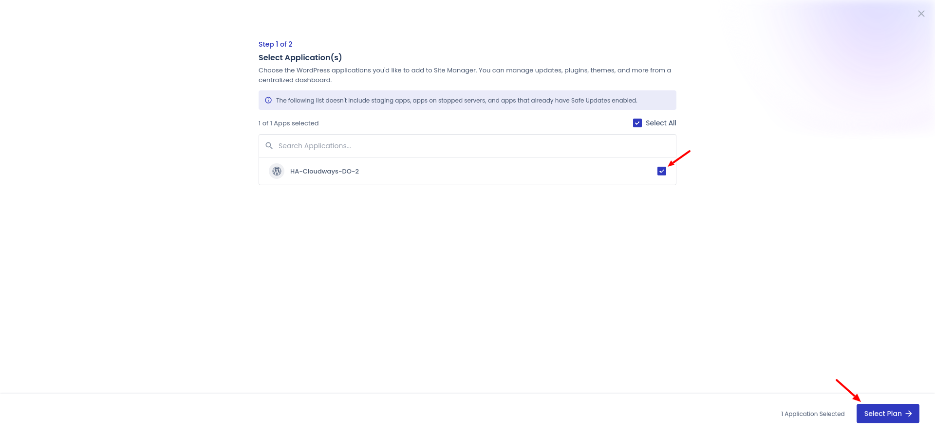 Cloudways Add Apps to Site Manager wizard showing application checklist