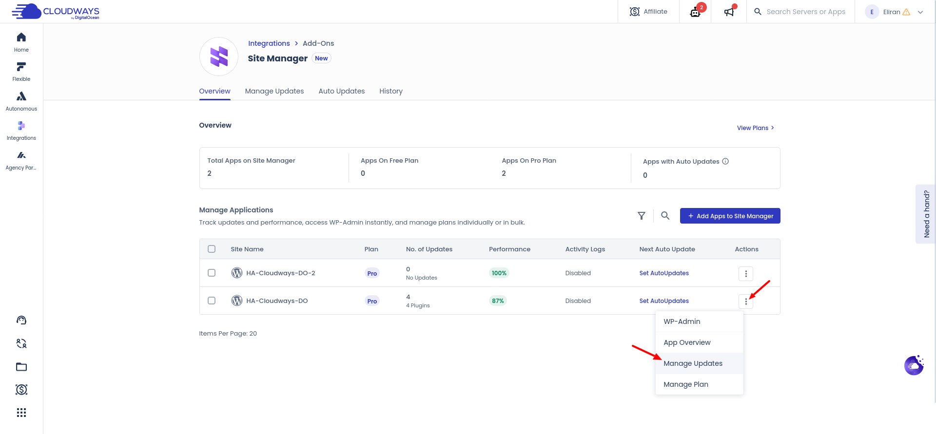 Cloudways Site Manager account-level Actions menu with Manage Updates