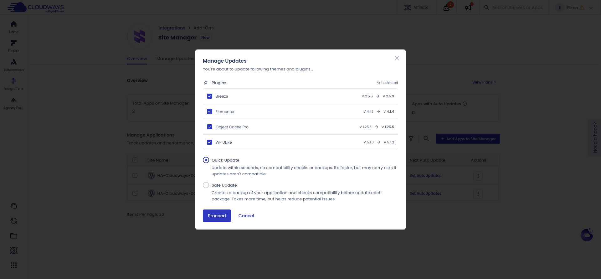 Cloudways Site Manager pending plugin updates modal