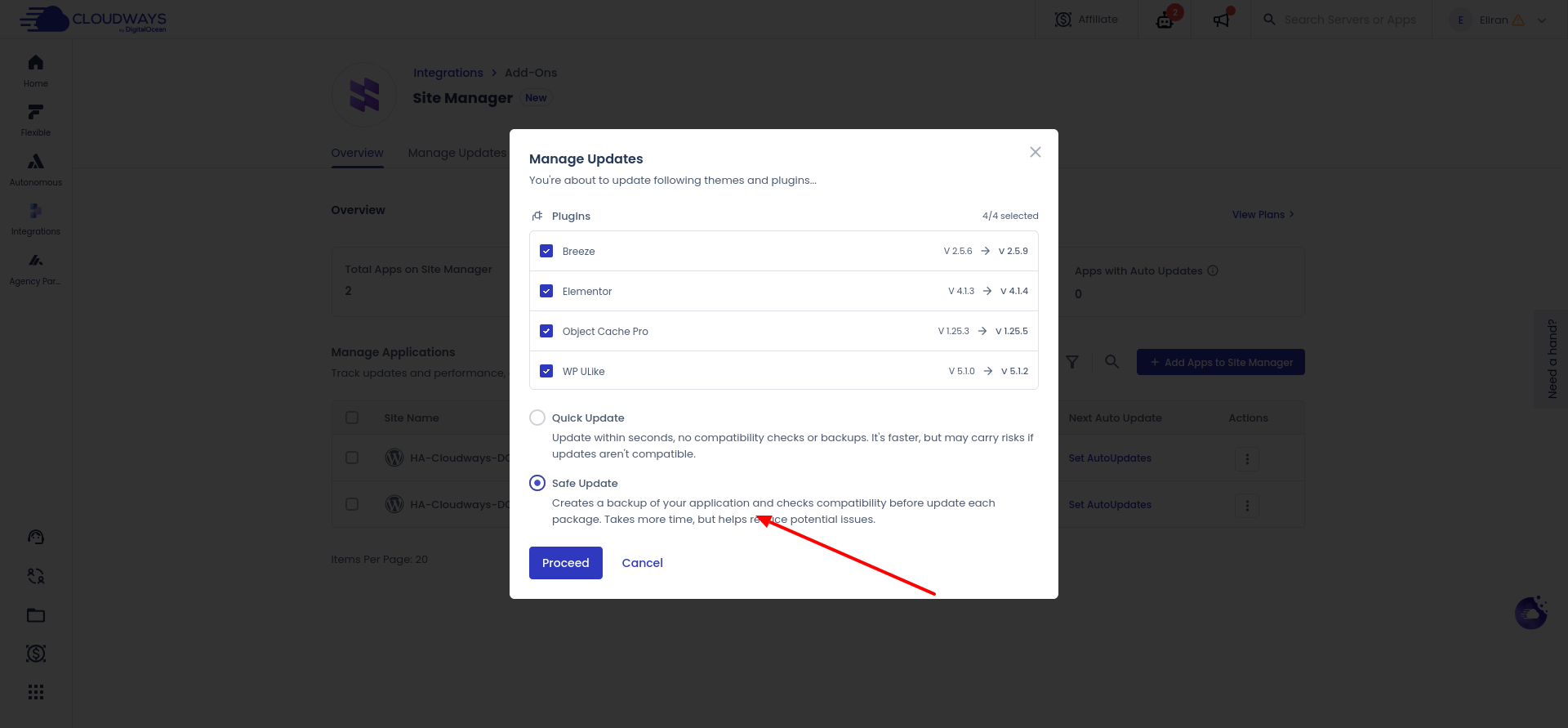 Cloudways Site Manager Safe Update selected before proceeding