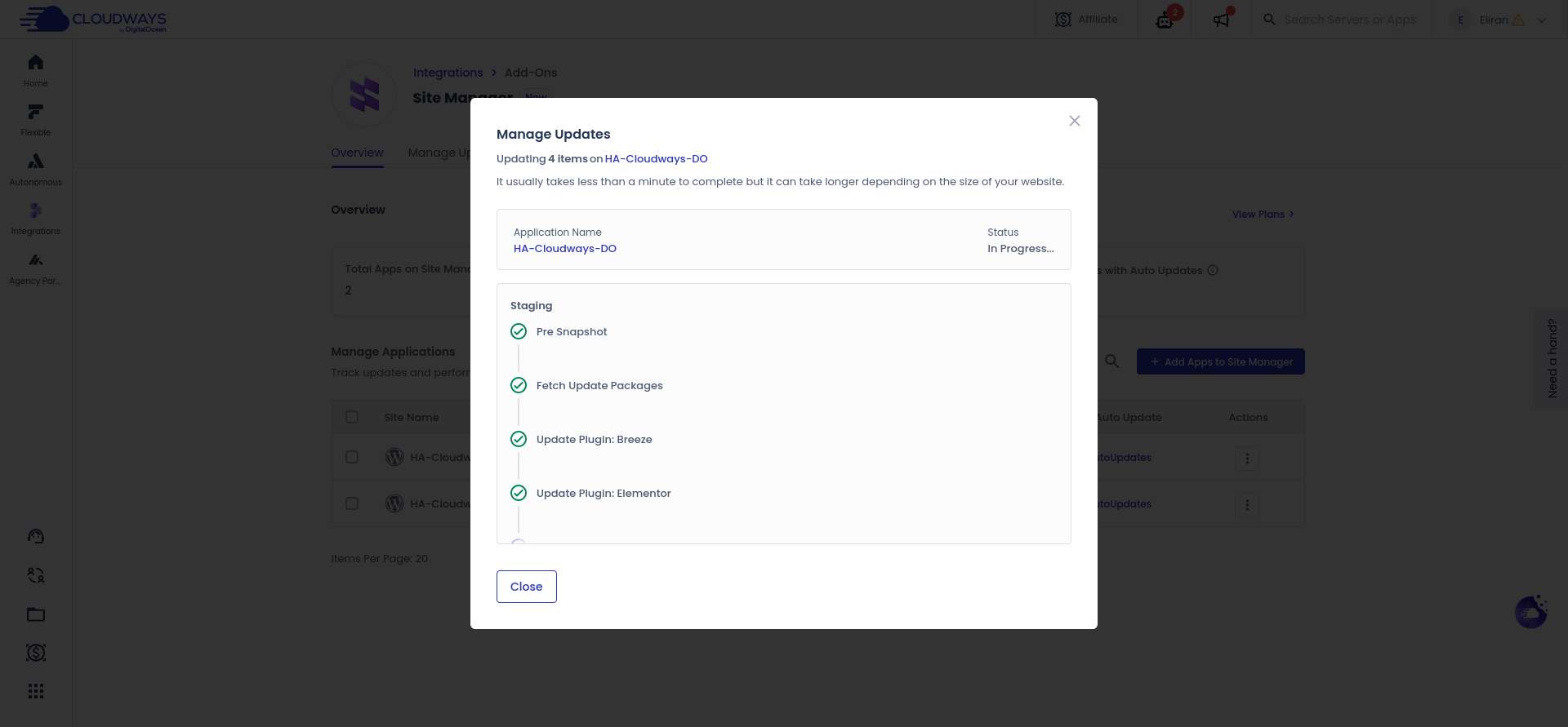 Cloudways Site Manager Safe Update progress checklist