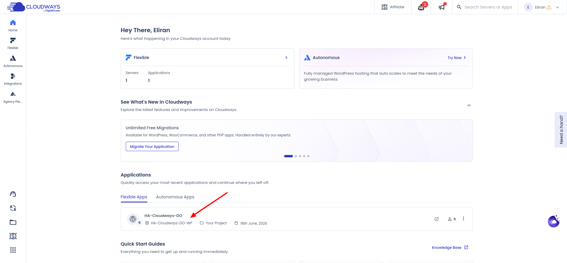 Cloudways application Access Details page with Site Manager sidebar option