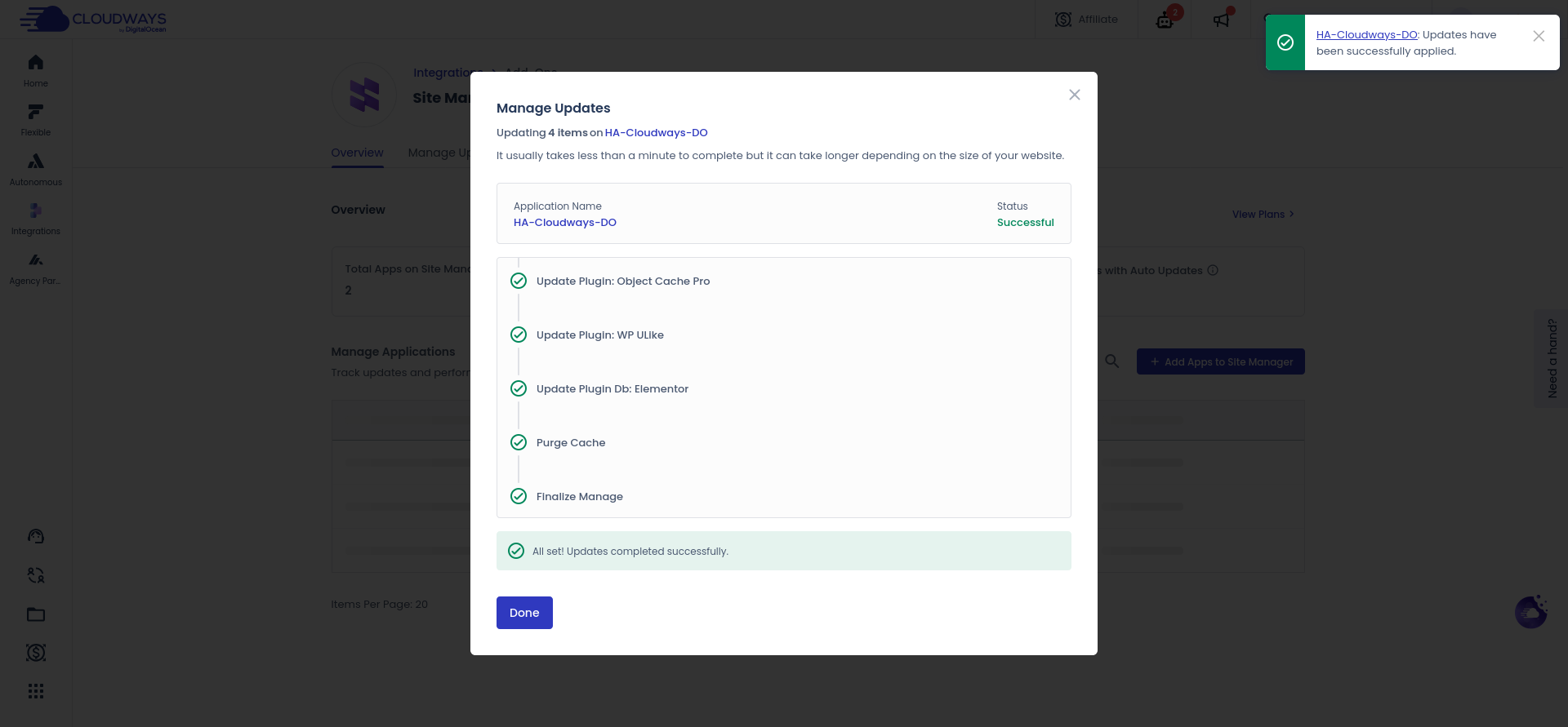 Cloudways Site Manager History tab showing successful on-demand plugin update