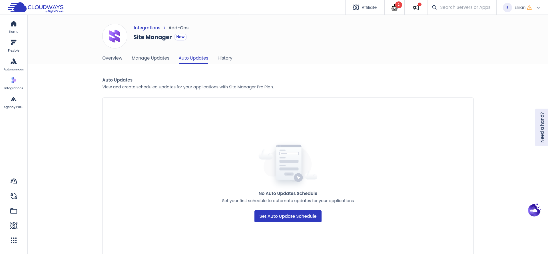 Cloudways Site Manager Auto Updates tab with no schedule