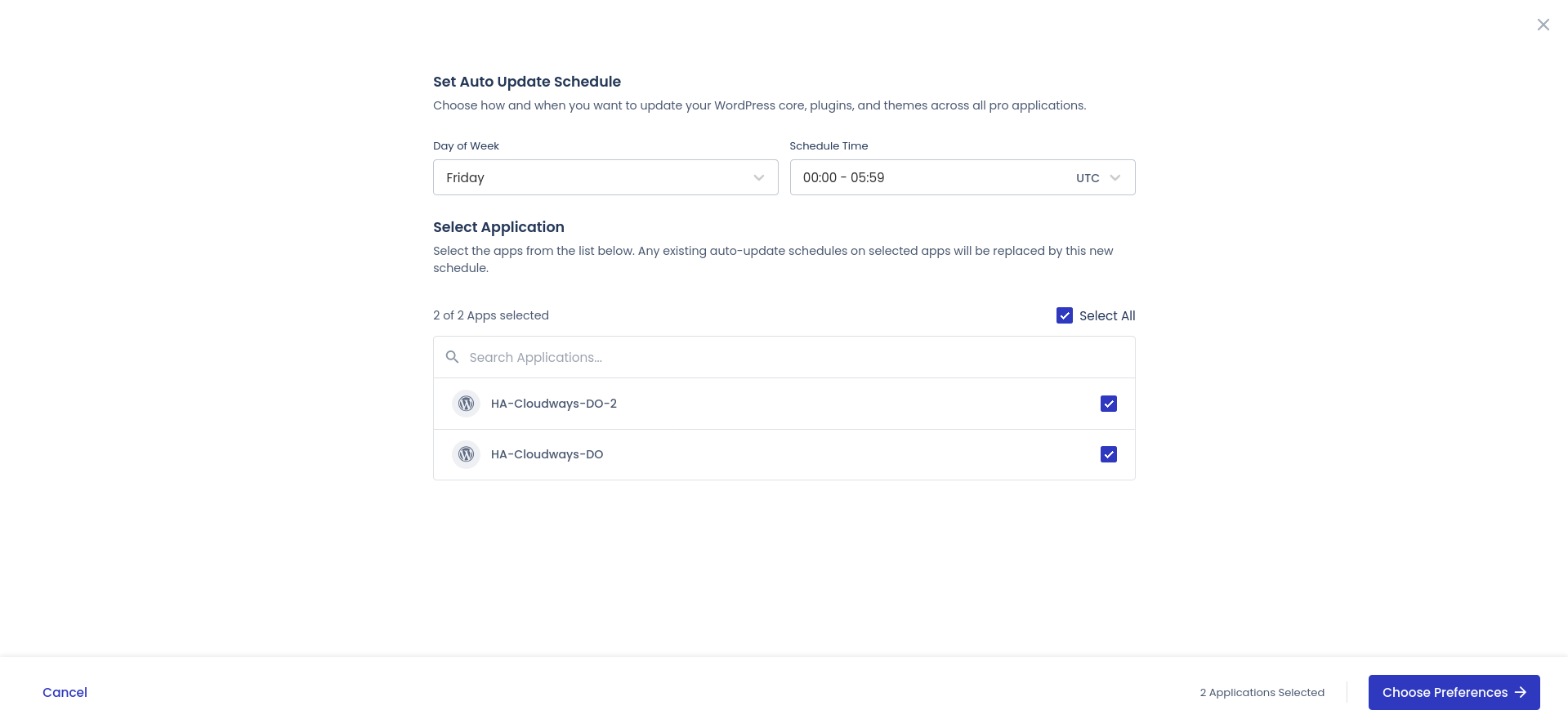 Cloudways Site Manager Set Auto Update Schedule wizard
