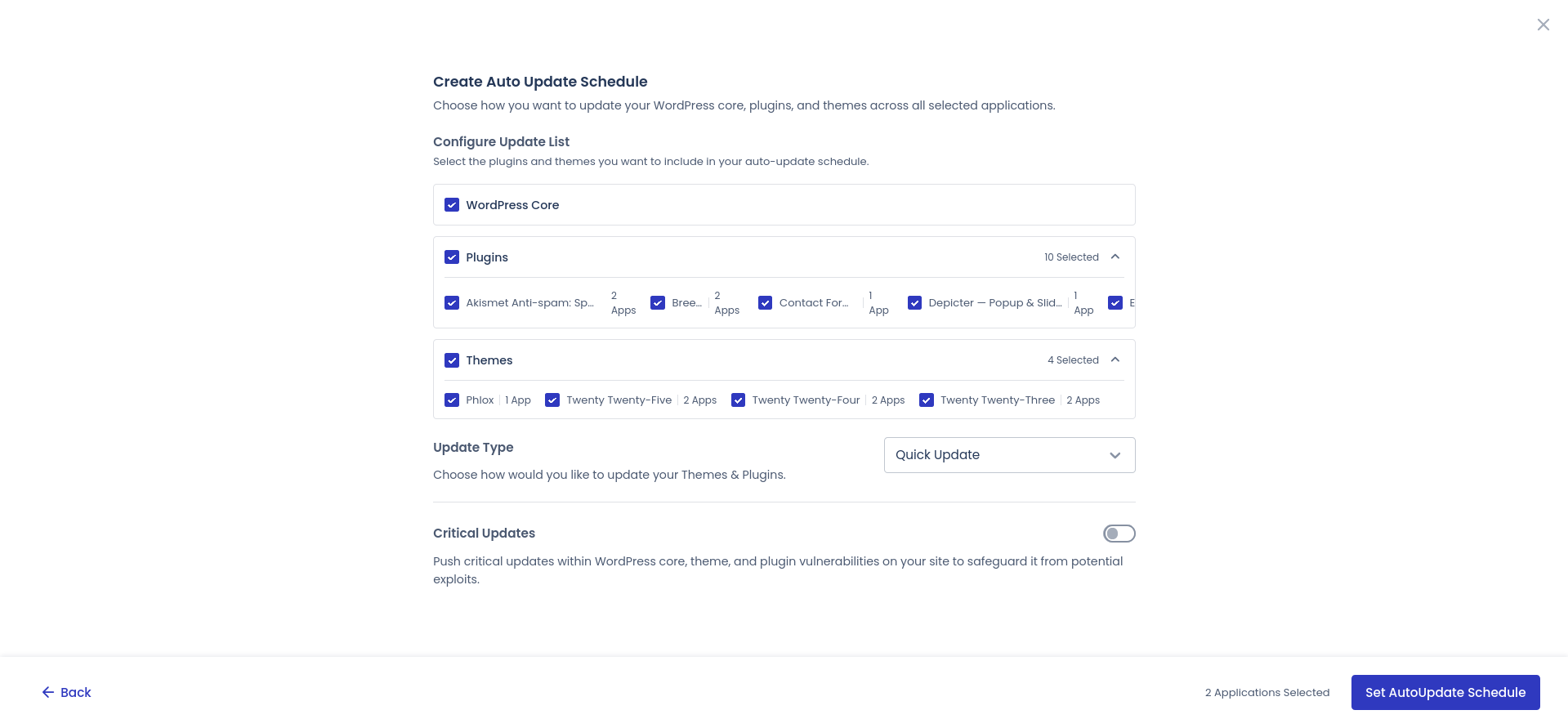 Cloudways Site Manager Configure Update List screen