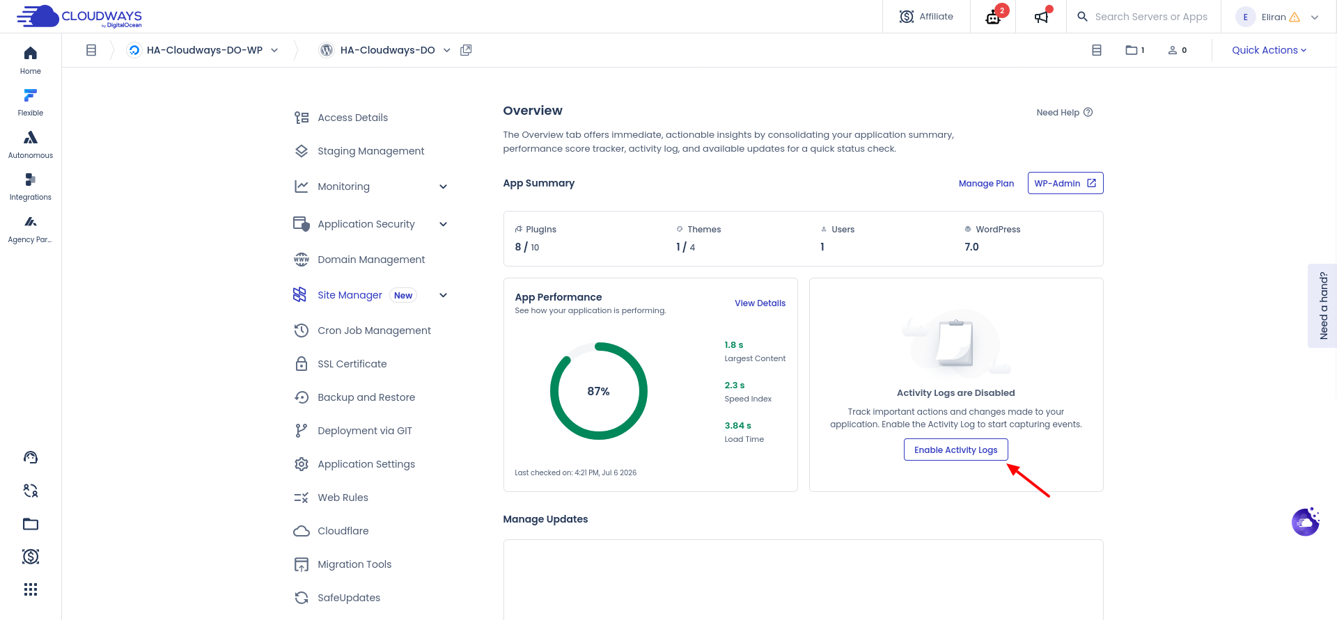 Cloudways Site Manager Activity Logs disabled card