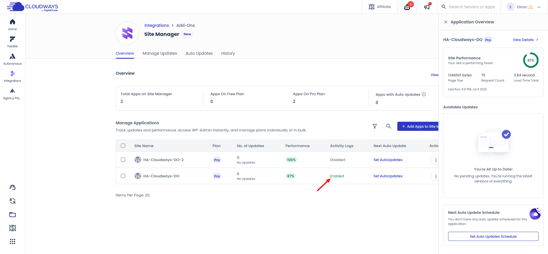 Cloudways Site Manager Activity Logs enabled status in Manage Applications table