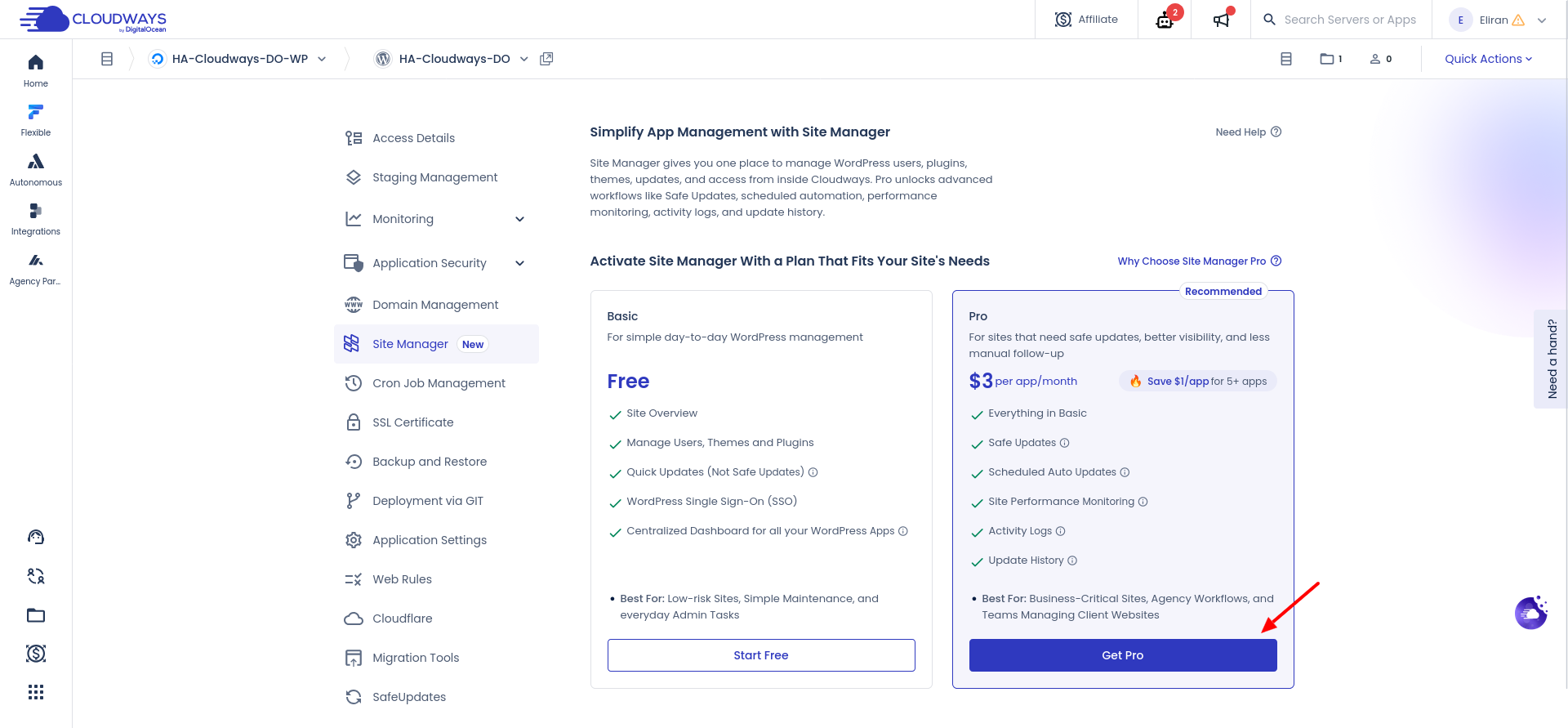 Cloudways Site Manager Get Pro plan selection screen