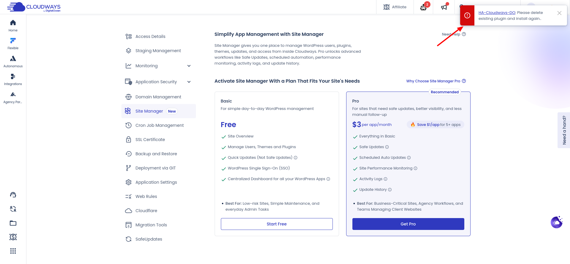 Cloudways Site Manager plugin installation error message