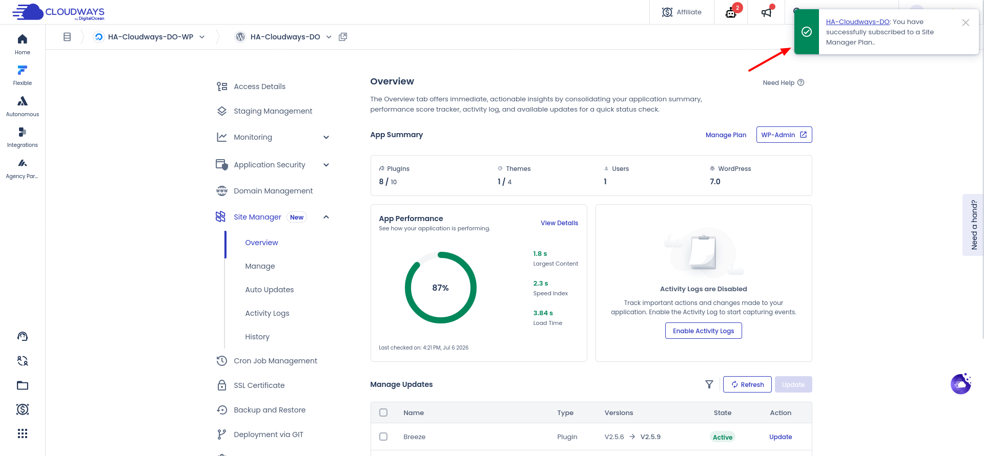 Cloudways Site Manager app overview after successful Pro enrollment
