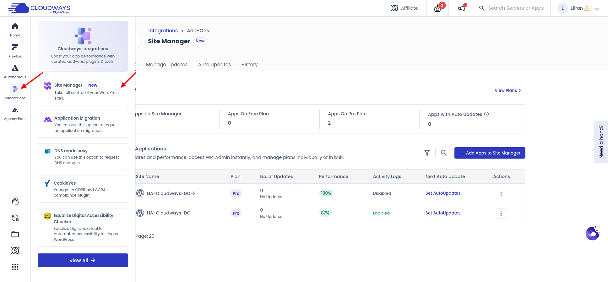 Cloudways Integrations page showing the Site Manager card