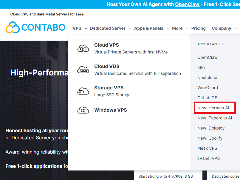 Contabo VPS menu for Hermes Agent VPS Hosting