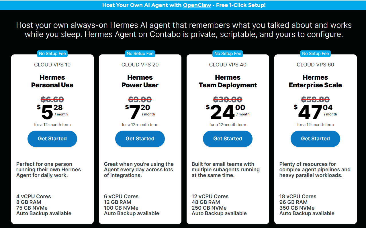 Contabo Hermes Agent hosting plans comparison
