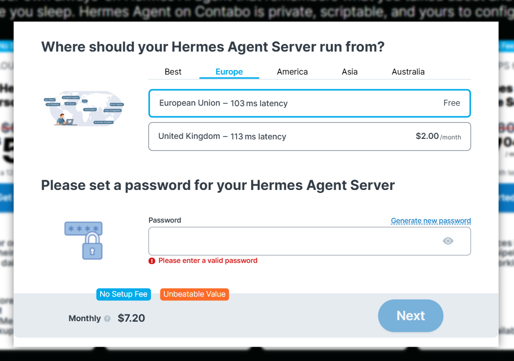 Contabo Hermes Agent server location selection