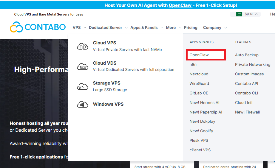 Contabo OpenClaw VPS navigation menu