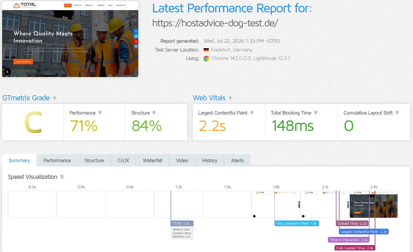 GTmetrix performance report for hostadvice-dog-test.de tested from Frankfurt, Germany showing 71% Performance, 84% Structure, and Web Vitals of 2.2s LCP, 148ms TBT, and 0 CLS