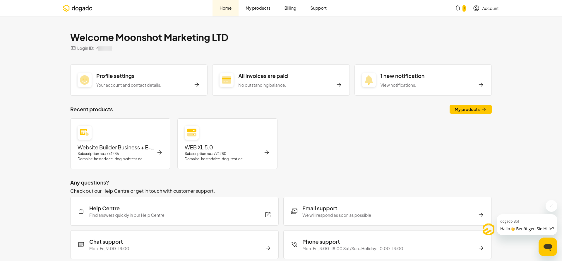 screenshot of the dashboard