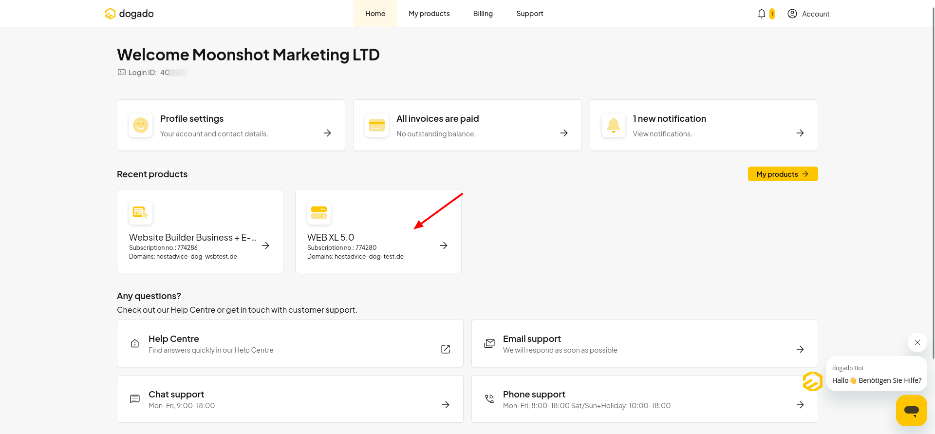 screenshot of Recent Products menu