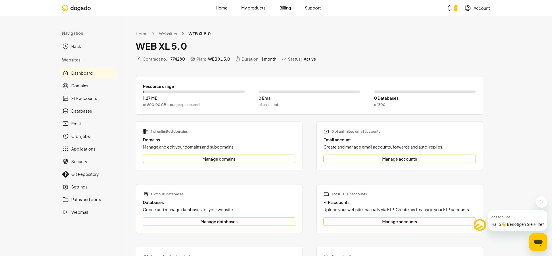 screenshot of the WEB XL 5.0 server menu