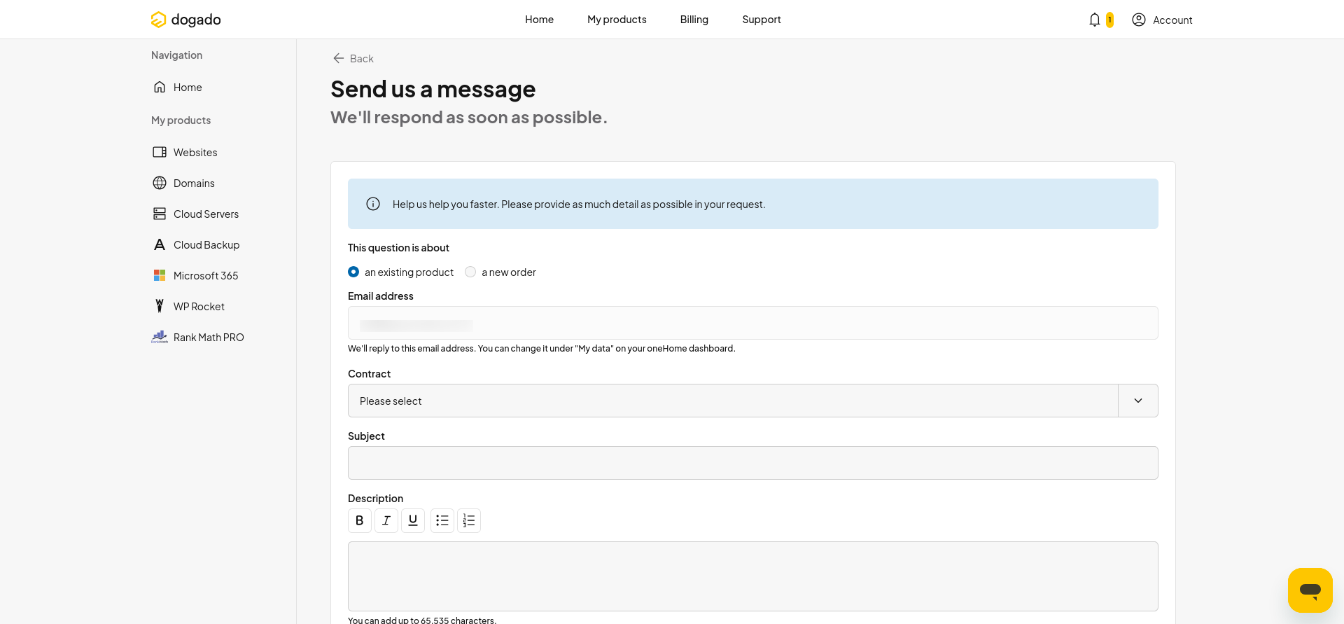 screenshot of the Email support