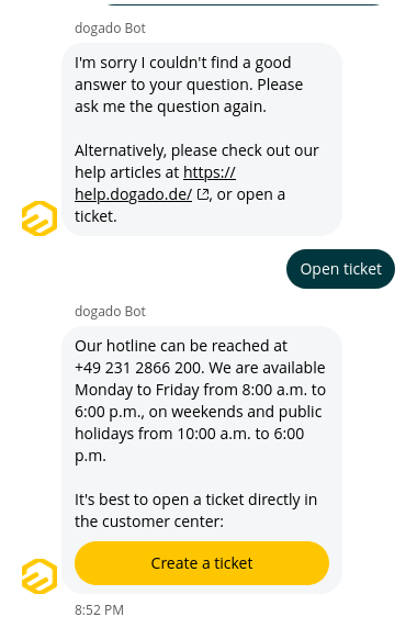 screenshot of the chat support conversation
