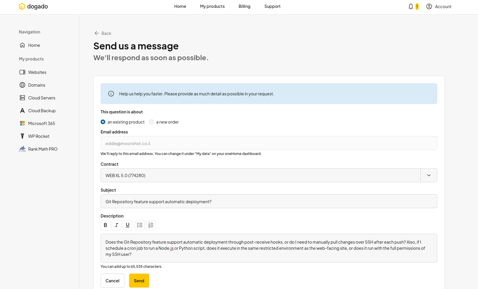 screenshot of the ticket support menu