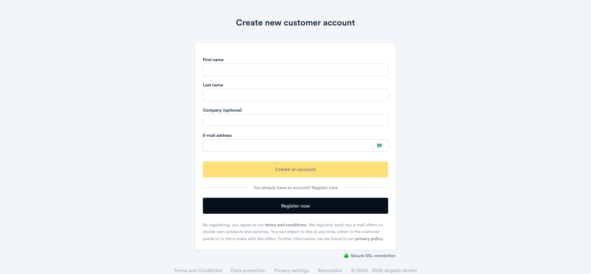 screenshot of the sign up form