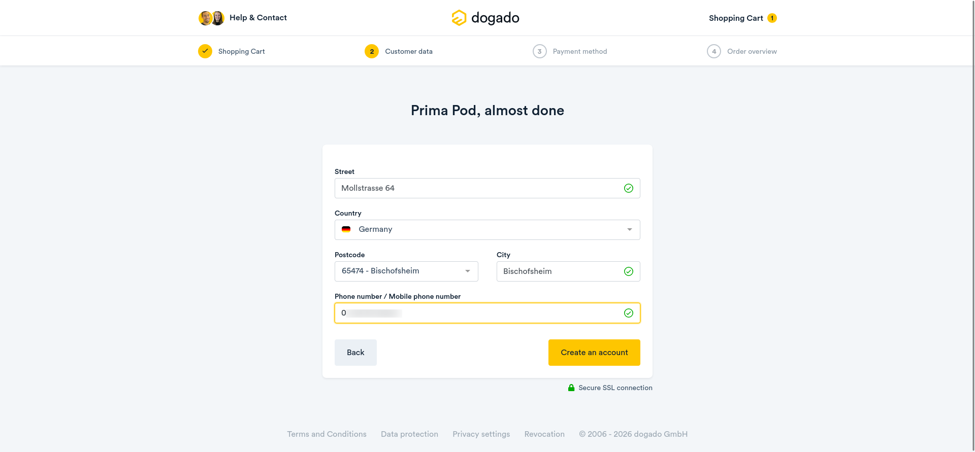 screenshot of the sign up form