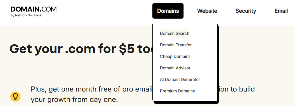 Domain.com domain search navigation menu