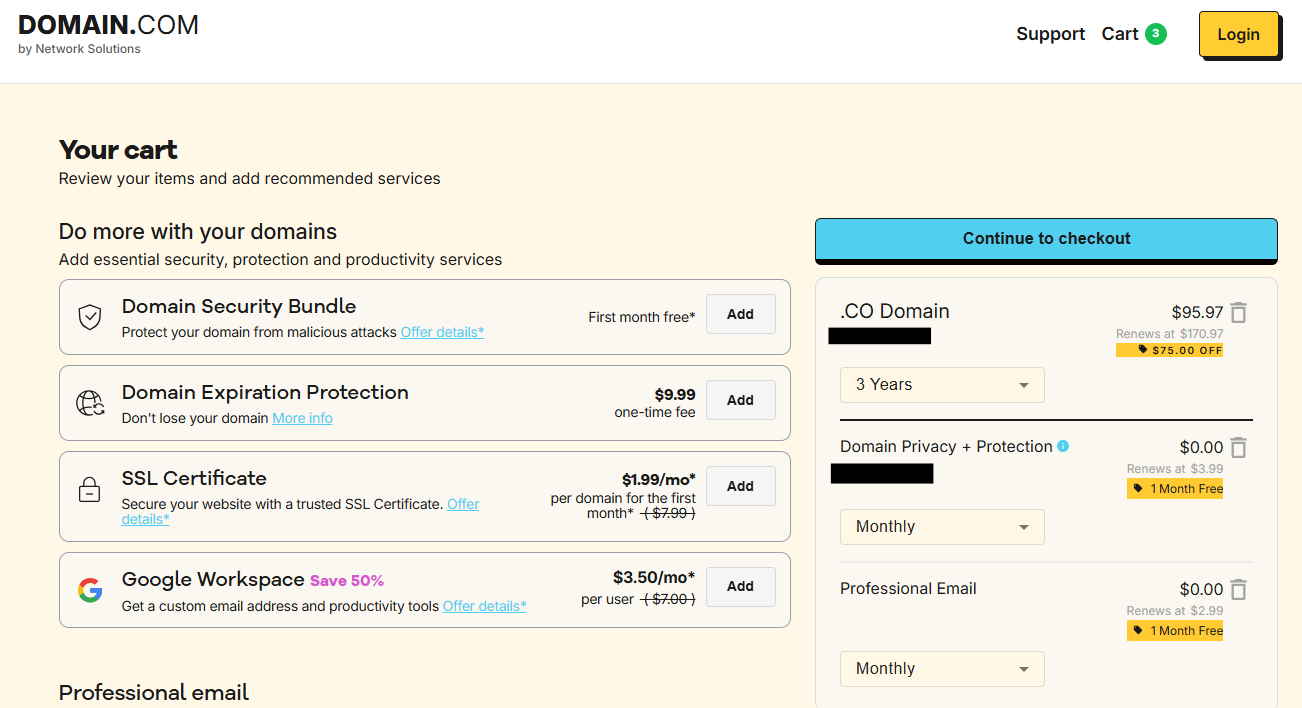 Domain.com shopping cart and Continue to Checkout button
