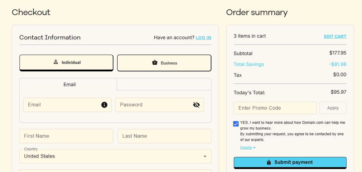 Domain.com account sign-in and registration page