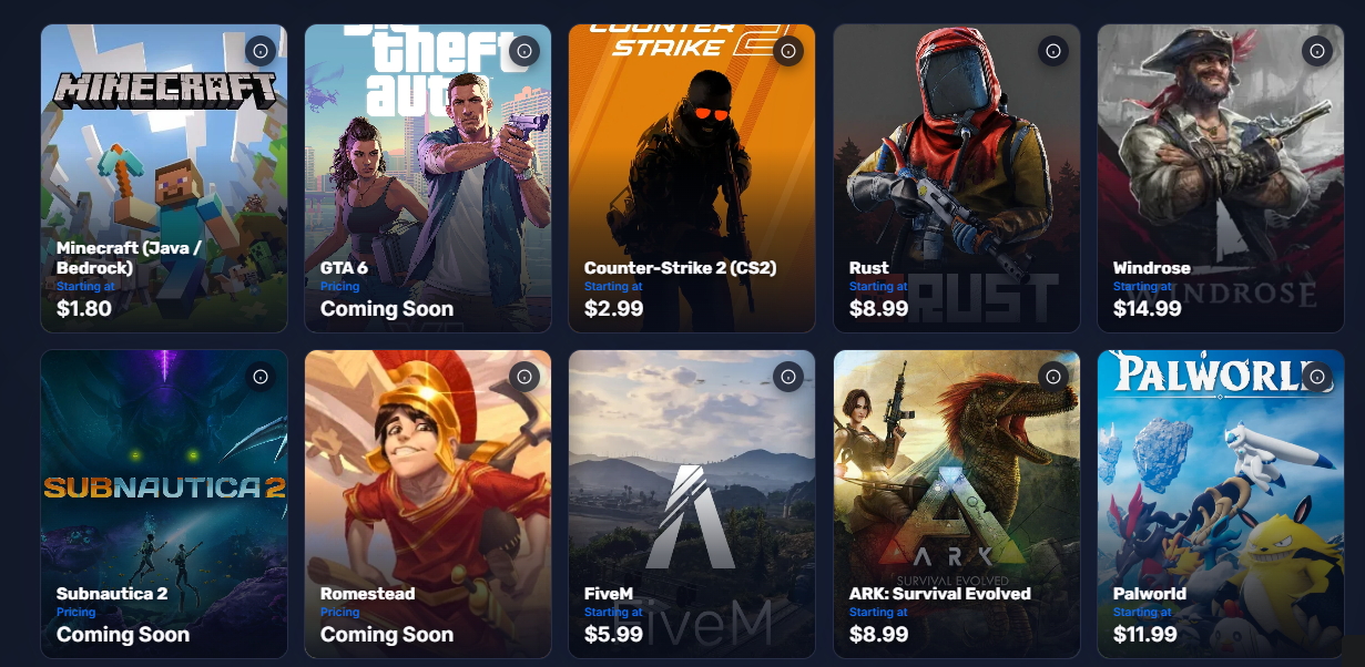 Gravel Host website hosting categories and game server options