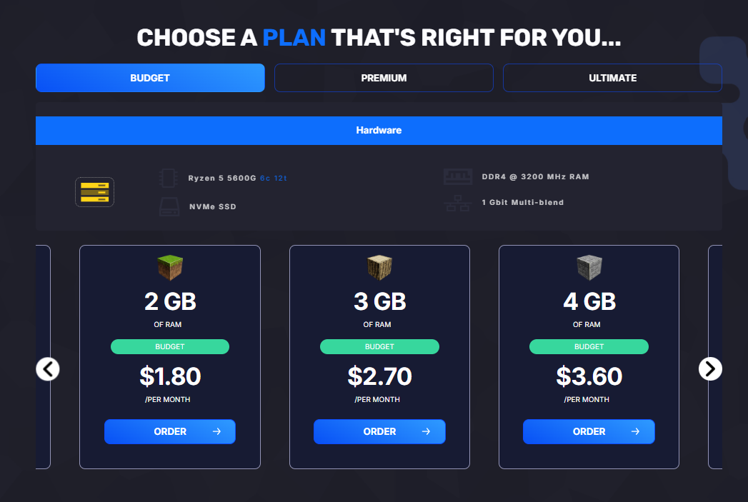 Gravel Host Minecraft hosting plans with Budget Premium and Ultimate tabs